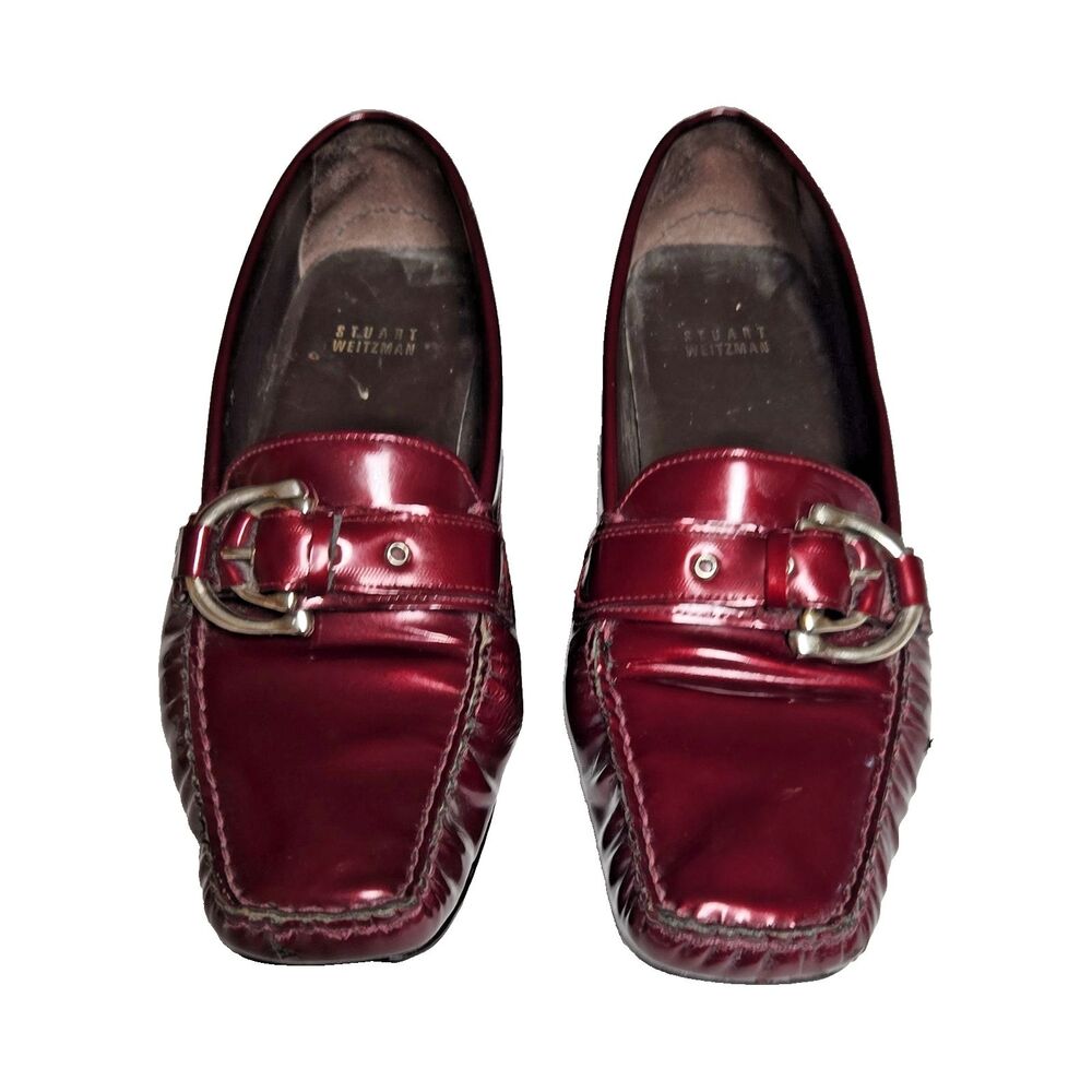Stuart Weitzman Red Patent Leather Buckle Loafer Flats Slip On Size 10 32595